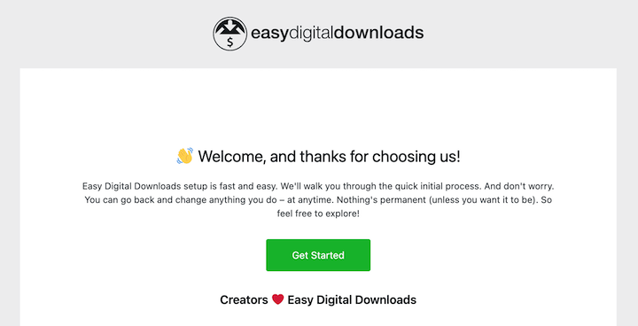 The welcome page after installing Easy Digital Downloads - onboarding setup wizard get started.