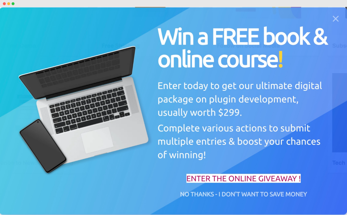 An online giveaway popup