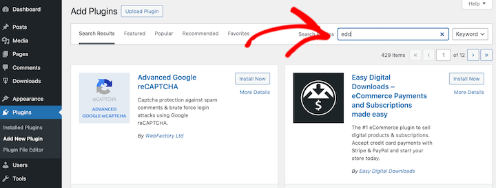 Searching for the EDD WordPress plugin.