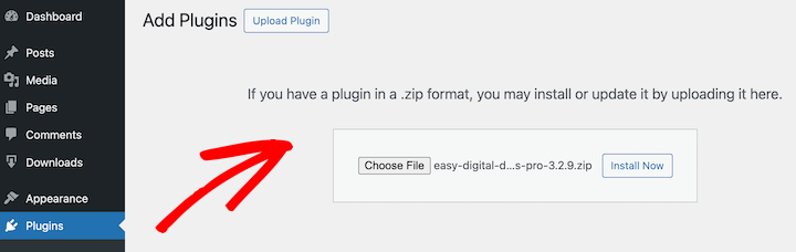 Installing the Easy Digital Downloads plugin in WordPress. 