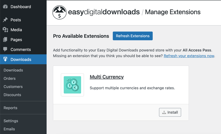 Install the EDD Multi Currency extension in WordPress.