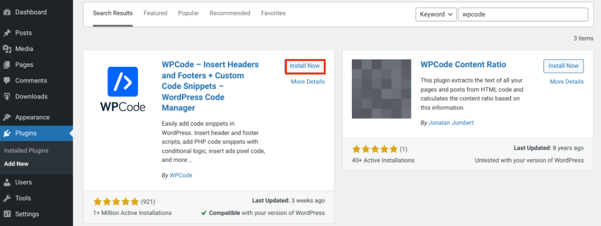 Installing WPCode in WordPress.