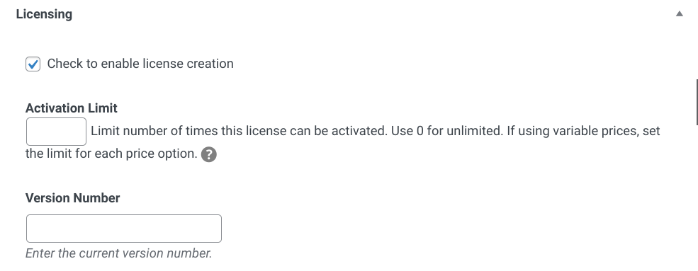 The EDD Licensing box for creating and selling software in WordPress. 