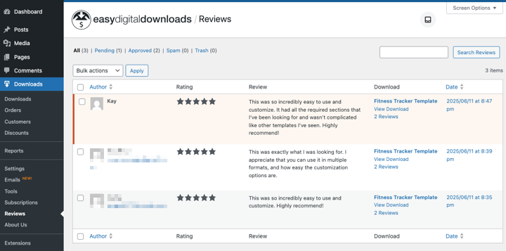 Moderating product reviews in WordPress using Easy Digital Downloads.