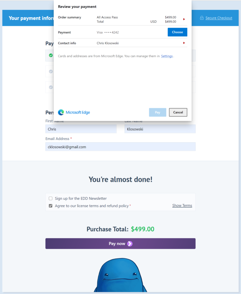Microsoft Pay payment review modal in Microsoft Edge