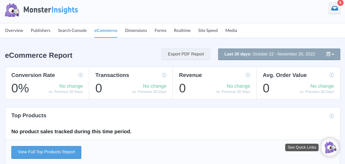 The MonsterInsights eCommerce report overview in WordPress.