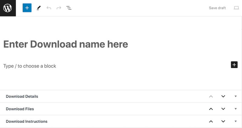Adding a new download product page in WordPress.