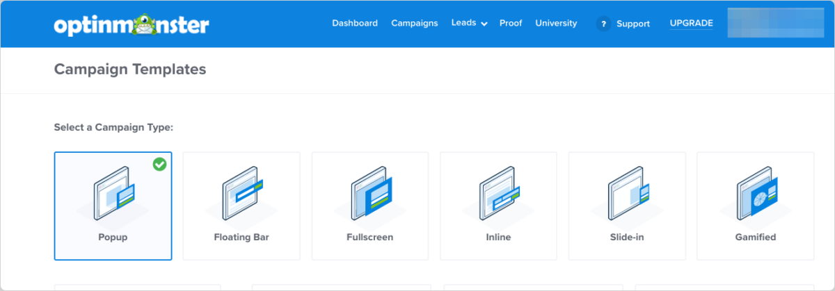 Choosing a Popup temnplate for an OptinMonster campaign.