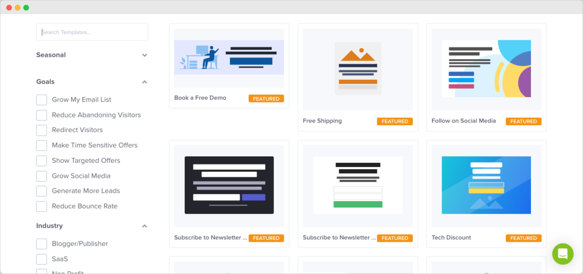 The exit intent popup template options in OptinMonster.