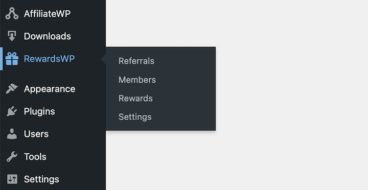 The RewardsWP refer a friend WordPress plugin menu item.