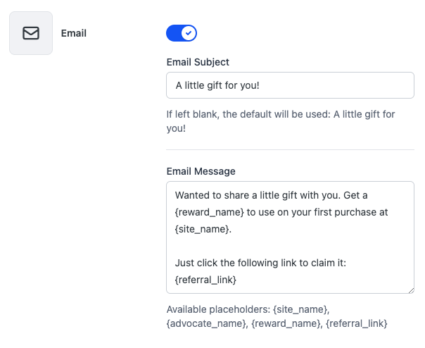 The email sharing template from RewardsWP referral program WordPress plugin.