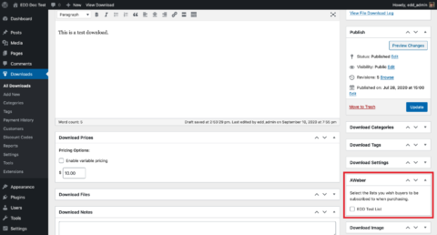 Screenshot - AWeber metabox