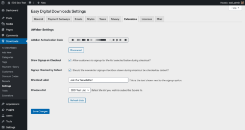 Screenshot - AWeber settings