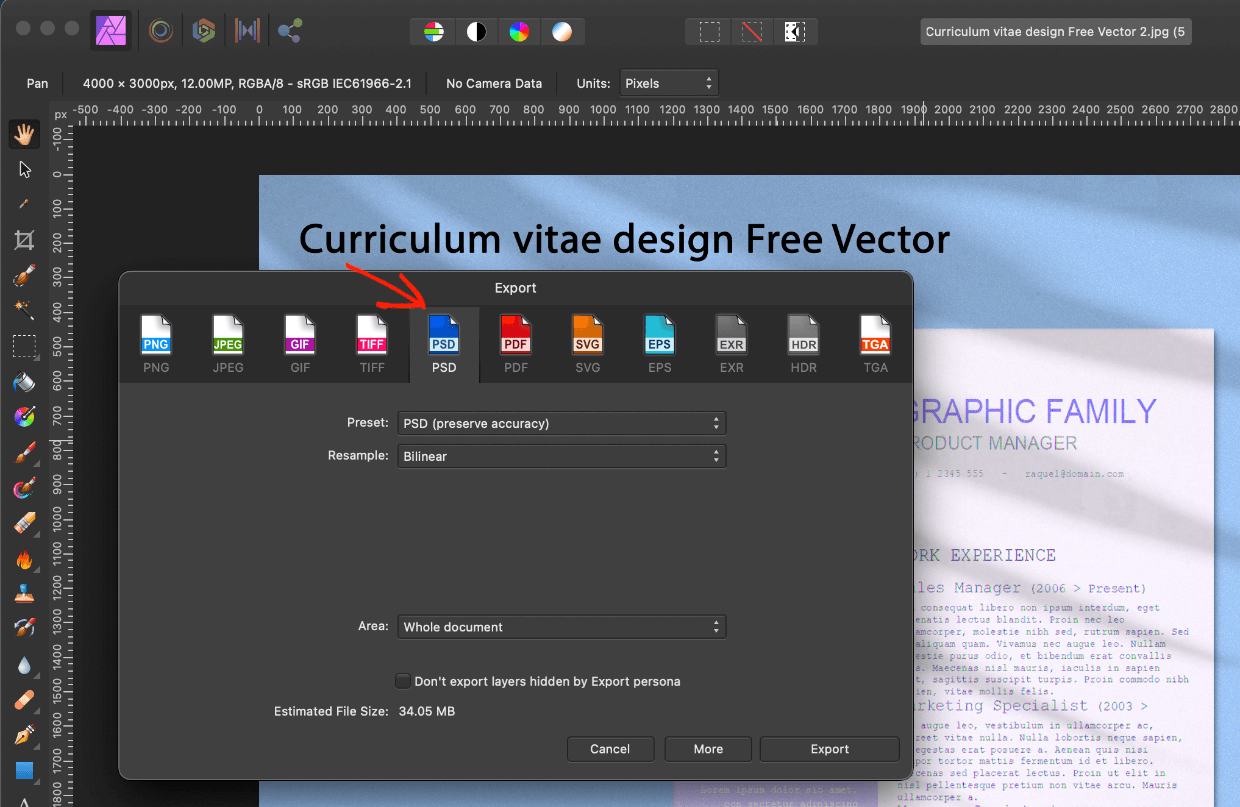 Screenshot: Affinity Photo export settings