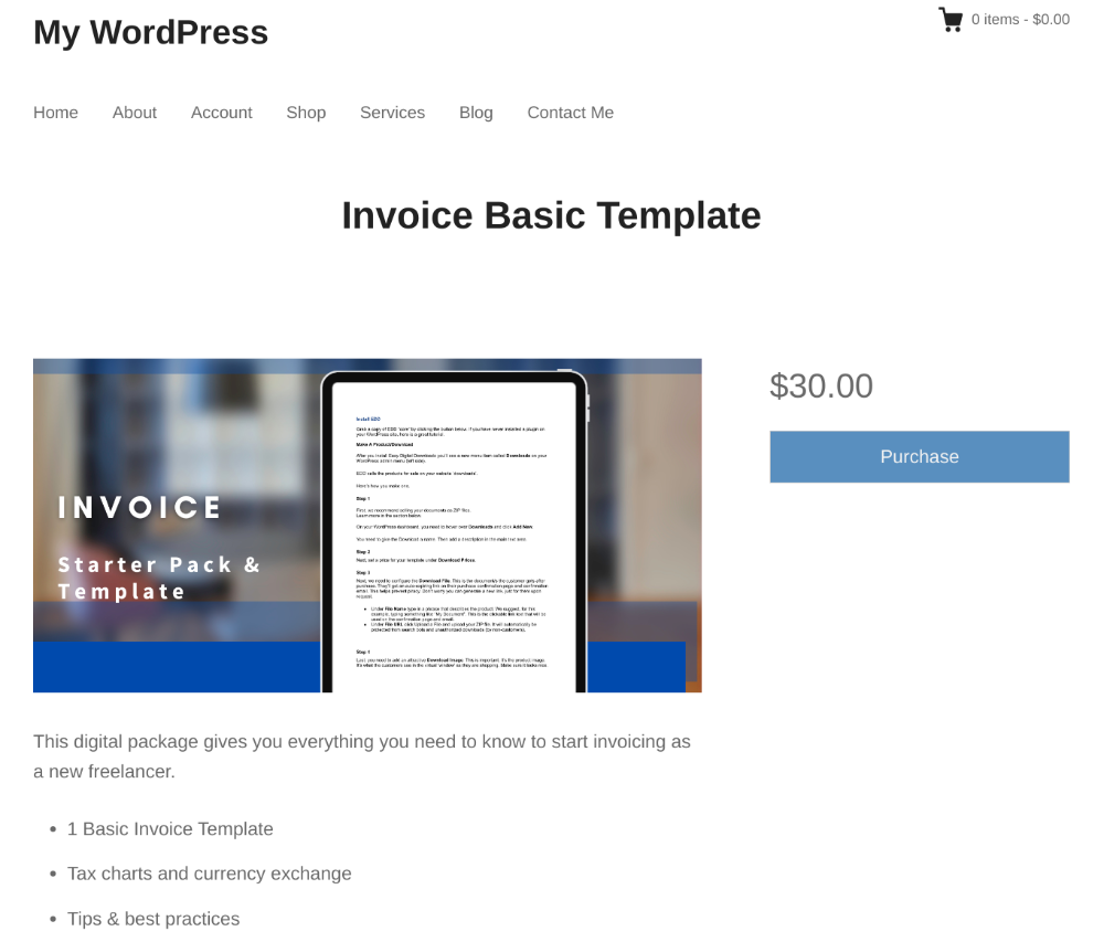 The preview of a document for sale in WordPress.