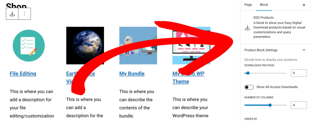 Digital product shop page settings in EDD/WordPress.