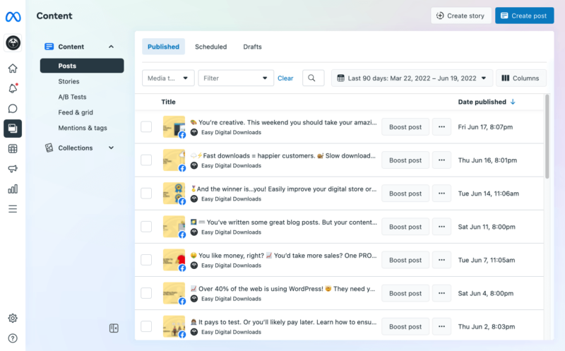 Social media scheduling on Facebook Meta.