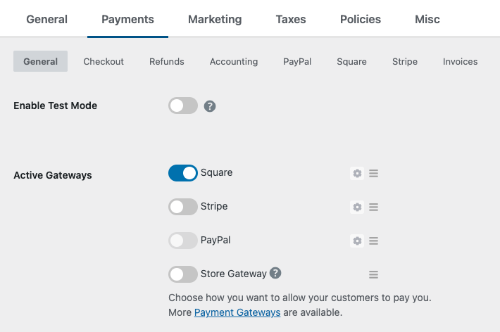 Square payments gateway enabled in Easy Digital Downloads.