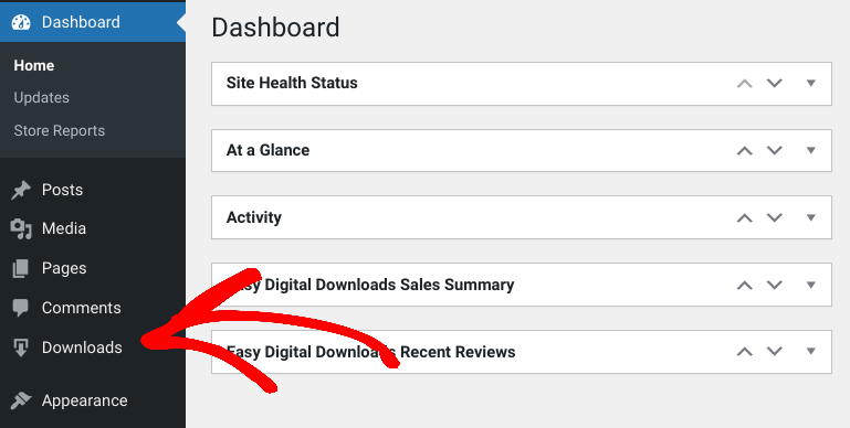 The EDD Downloads menu item in WordPress.