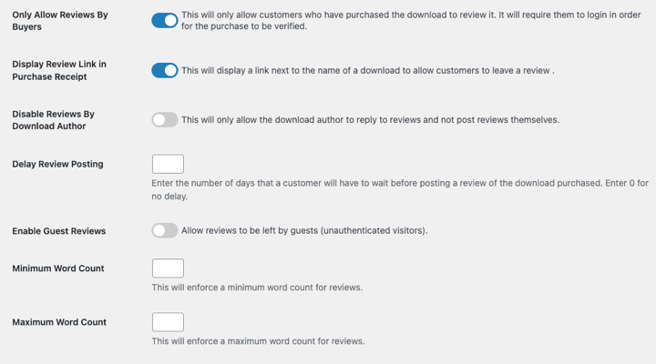 Some of the EDD settings to add product reviews to WordPress.